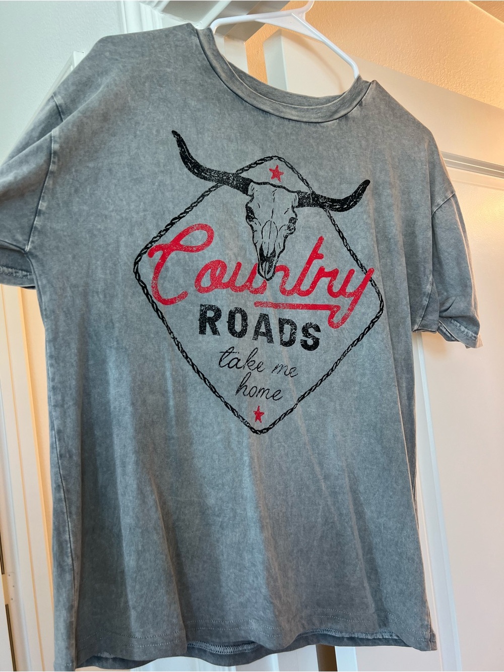 Vintage-Inspired Gray 'Country Roads' Graphic Tee - Red & Black Print
